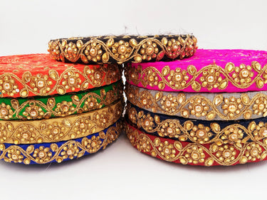 Royal Blue Silk Fabric Lace Trim Floral Embroidery & Indian Stones Kundan Embellishment, Decorative Sari Trim, Floral Border Trim By Yard